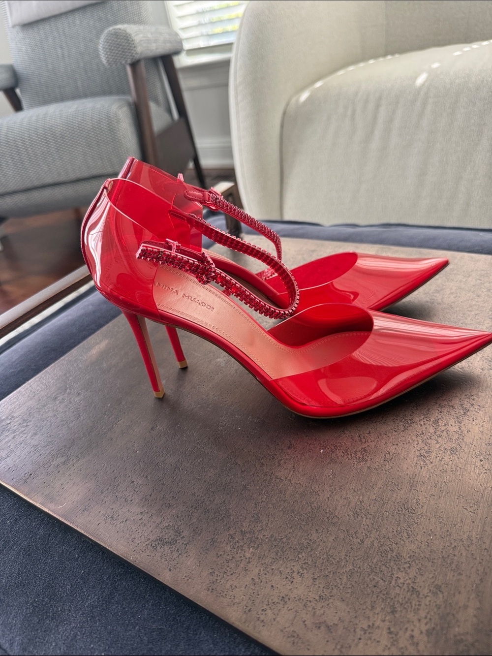 Amina Muaddi Red Patent Pointed-Toe Stiletto Pumps with Embellished Straps